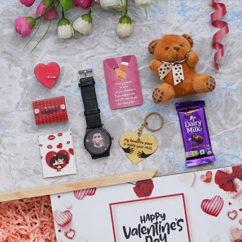Rose scented heart shape candle, Dairy Milk, wrist watch for him