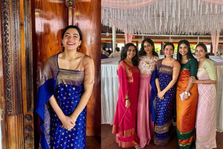 Steal the Spotlight at Your BFF’s Wedding with Rashmika Mandanna’s Blue Coorgi Saree Look