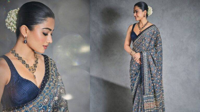 Rashmika Mandanna’s Stunning in an Exquisite Ajrakh Saree Worth 1.28 Lakh