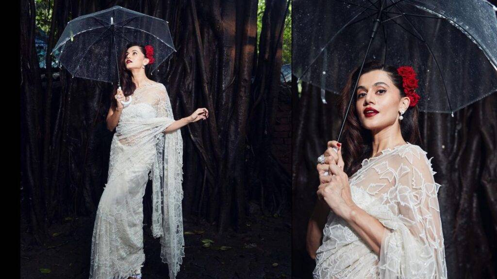 Read more about the article Taapsee Pannu’s Stunning Monsoon Look in Ethereal White Saree