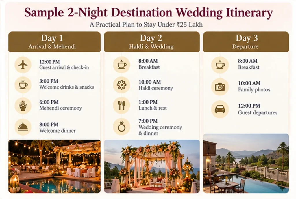 Two-night destination wedding planning timeline for a budget-conscious Indian wedding