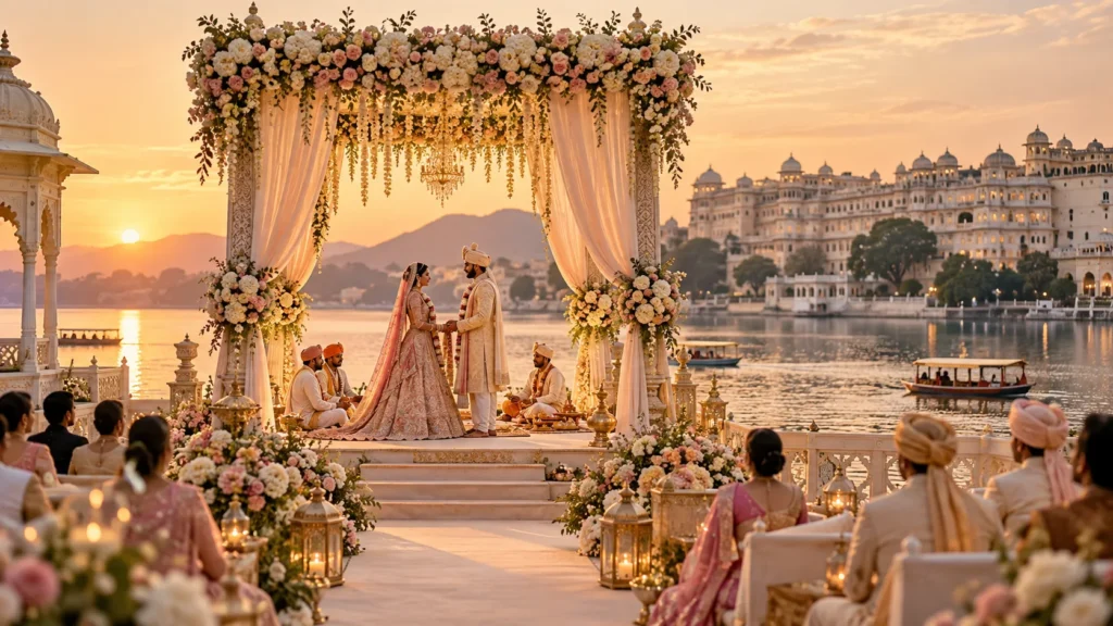 Udaipur destination wedding by a lake palace at sunset