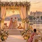 Udaipur destination wedding by a lake palace at sunset