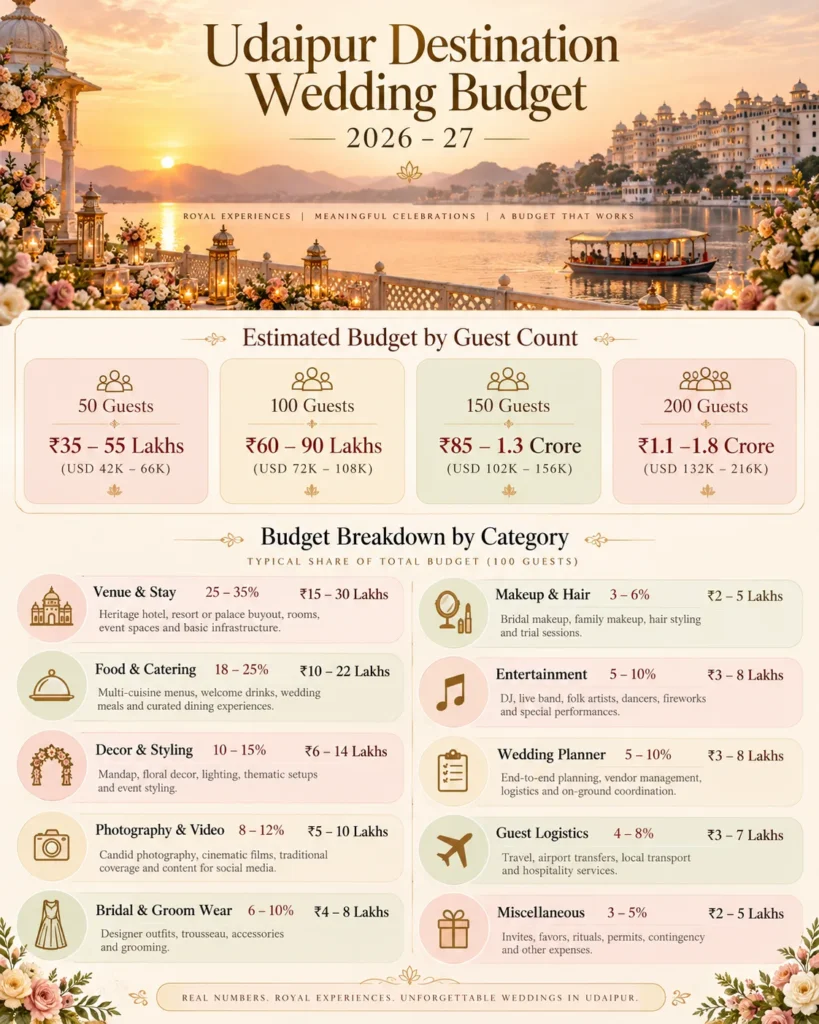 Udaipur destination wedding budget estimates by guest count and cost category