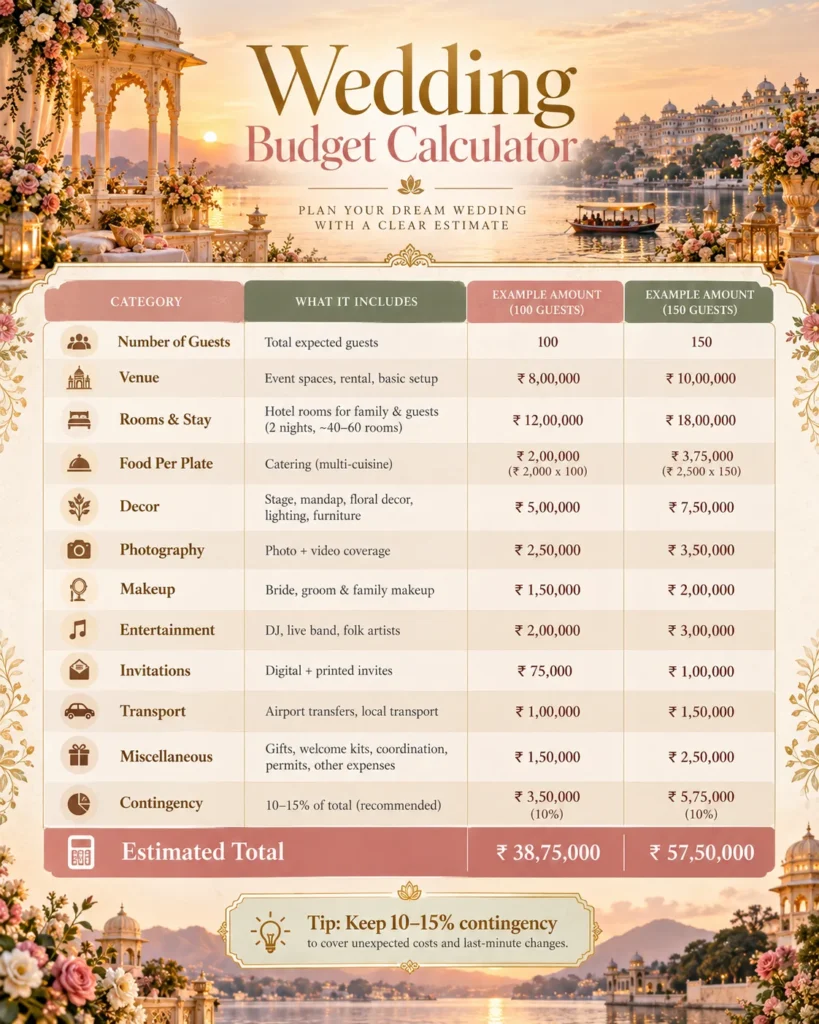 Wedding budget calculator example for Udaipur destination wedding planning