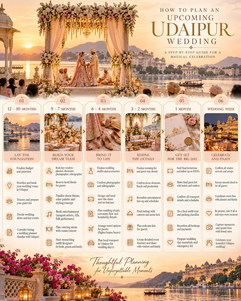 Step-by-step Udaipur destination wedding planning timeline from 12 months to wedding week